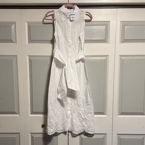 J. McLaughlin NWT White Sleeveless Eyelet Midi Shirt Dress with Tie Waist size S